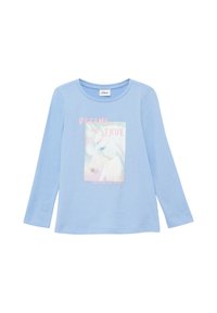 Helles blaues langärmliges T-Shirt aus Baumwolle mit einem Einhorn-Graphic und dem Text "DREAMS come TRUE" in Pink auf der Vorderseite.