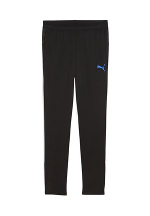 Schwarze Sporthose aus atmungsaktivem Material, mit einem blauen Puma-Logo auf dem linken Oberschenkel und einem taillierten Design mit elastischem Bund.
