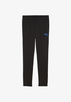 Pantaloni sportivi neri realizzati in tessuto traspirante, con il logo Puma blu sulla coscia sinistra e un design aderente con vita elastica.