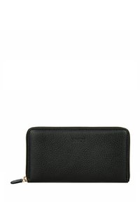 Billetera de piel negra con un acabado texturizado, cierre de cremallera dorada y logo de la marca grabado en la parte frontal. Forma rectangular con bordes suaves.