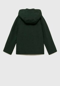 Giacca verde scuro con cappuccio, dotata di maniche lunghe, taglio dritto e tessuto liscio e leggero. La vista posteriore mostra un design semplice.