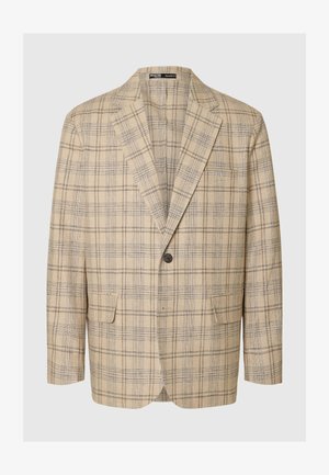 Helebeežvi blazer, millel on pruunide ja tumesiniste ruutudega muster. Omab sälguga kraed, ühte nupuvajutust ja kahte eesmist taskut.