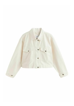 Cropped white denim jacket featuring a classic collar, two chest pockets, button closures, and long sleeves with adjustable cuffs.