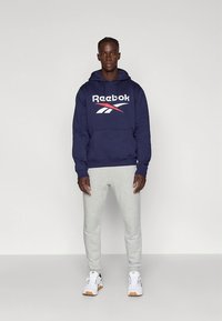Sweatshirt azul-marinho com logótipo "Reebok" branco e vermelho, calças de fato de treino cinza e sapatos desportivos brancos. Ajuste padrão, mistura de algodão e punhos canelados.