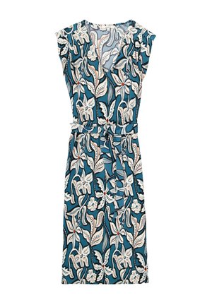 Blumendruckkleid in Türkis mit weißen und roten Akzenten. Es hat kurze Ärmel, einen V-Ausschnitt und eine gebundene Taille, die die Form und Passform betont.