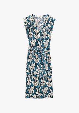 Vestido de estampado floral en verde azulado con acentos en blanco y rojo. Presenta mangas cortas, un escote en V y una cintura ajustada con lazo, mejorando la forma y el ajuste.
