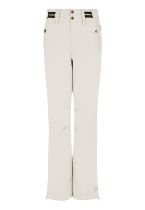 Pantalon de ski beige présentant une coupe droite, deux poches avant, des ourlets zippés et des accents noirs à la taille. Fabriqué en matériau imperméable.