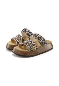 Leopard print sandals with two wide straps, adjustable buckle, cork footbed, and thick sole. Textured brown bottom for grip.