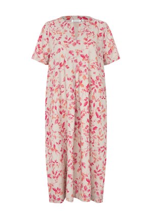 Volné béžové šaty s krátkými rukávy, květinovým růžovo-oranžovým listovým vzorem a malým V-krkem na límci.