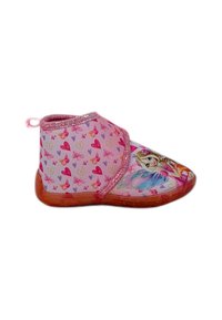 Stivale per bambini con tomaia in tessuto rosa decorata con motivi di cuori e farfalle, suola in gomma lucida e una grafica di un personaggio colorato.