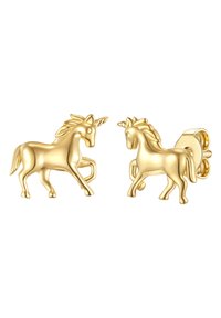 Auksinės spalvos vienaragio auskarai su išsamiu kuodu ir ragą. Kiekvienas auskaras turi pašokusi vienaragį, lygų paviršių ir saugų užsegimą.