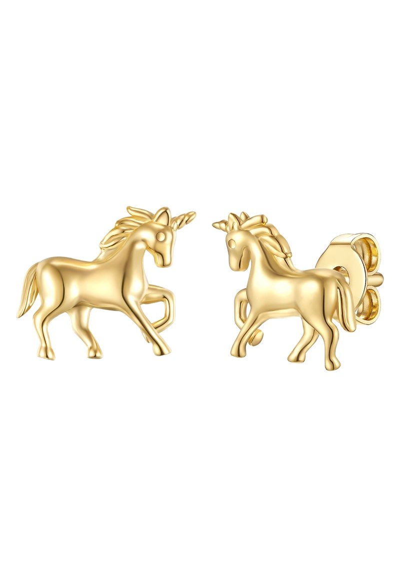 Auksinės spalvos vienaragio auskarai su išsamiu kuodu ir ragą. Kiekvienas auskaras turi pašokusi vienaragį, lygų paviršių ir saugų užsegimą.