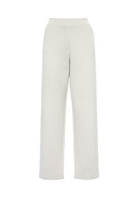 Pantaloni sportivi grigio chiaro a gamba larga realizzati in tessuto morbido. Presentano una vita elastica e due tasche anteriori. Tessuto liscio con un design casual.