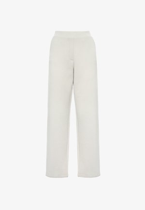 Pantaloni sportivi grigio chiaro a gamba larga realizzati in tessuto morbido. Presentano una vita elastica e due tasche anteriori. Tessuto liscio con un design casual.