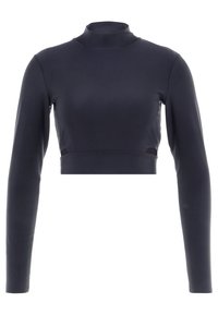 Navyfarbener Langarm-Mockneck-Crop-Top aus dehnbarem Stoff, mit glatter Textur und enganliegendem Design sowie seitlichen Ausschnitten.