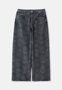 Jeans de pierna ancha en denim gris oscuro con un sutil patrón floral. Presentan una cinturilla clásica y bolsillos frontales. Detalles de tejido texturizado visibles.