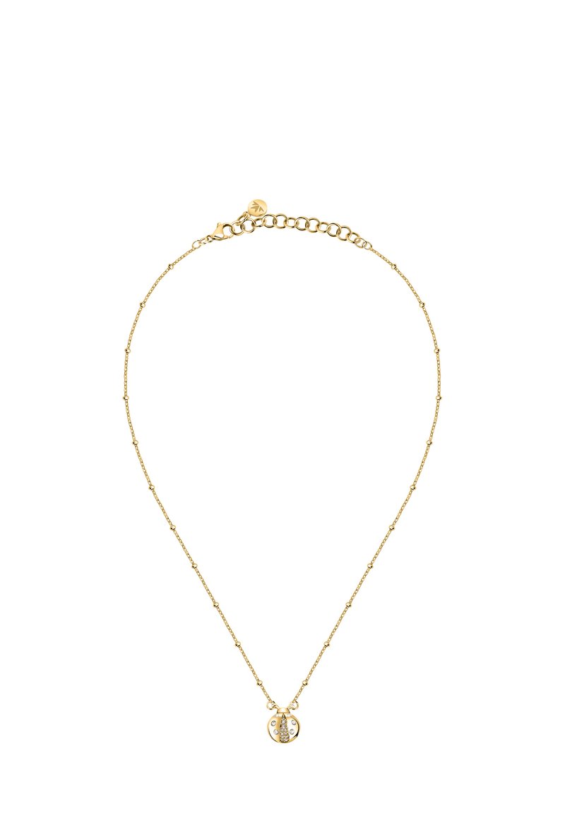 Collana in tono oro con una catena delicata, caratterizzata da un pendente rotondo adornato con cristalli trasparenti e un design dettagliato al centro.