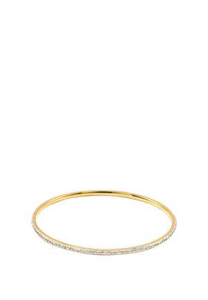 Thin gold bangle bracelet with a single row of small white gemstones around the outer edge on a white background.