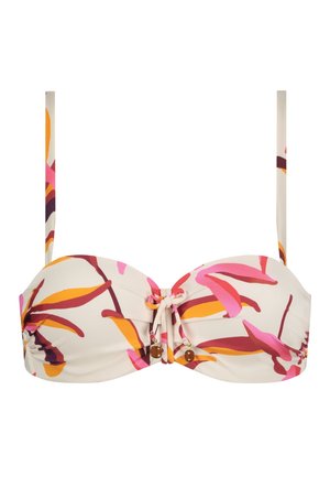 Top de bikini con un fondo crema y patrones abstractos en rosa, naranja y burdeos. Tiene tirantes ajustables y un detalle de nudo en el centro.