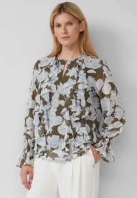 Bluse mit floralen Mustern in Olivgrün, die über Rüschendetails, einen runden Ausschnitt mit Schlüsselloch und lange, ausgestellte Ärmel verfügt.