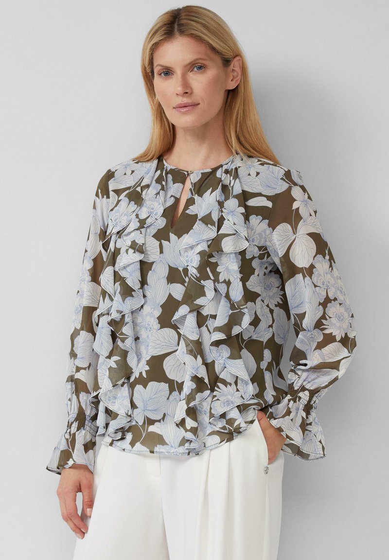 Bluse mit floralen Mustern in Olivgrün, die über Rüschendetails, einen runden Ausschnitt mit Schlüsselloch und lange, ausgestellte Ärmel verfügt.
