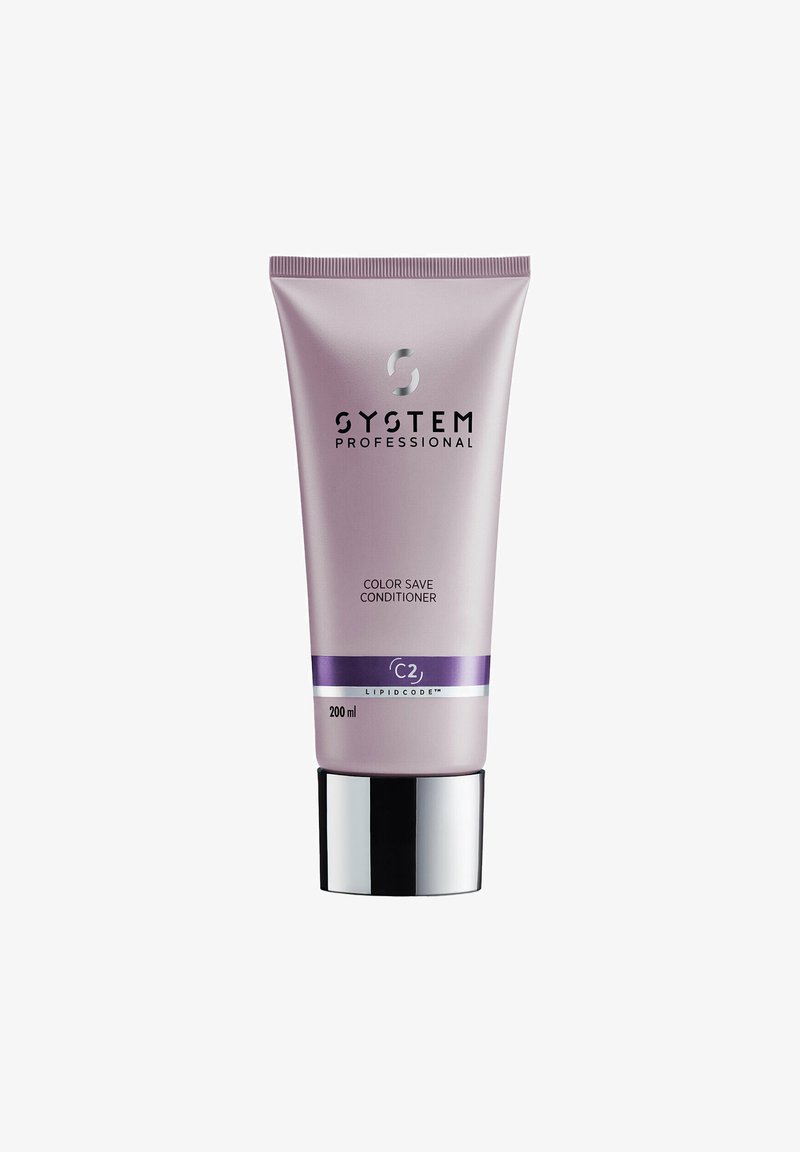 Purple plastic tube of System Professional Color Save Conditioner. Features silver branding, a black base, and holds 200 ml. Smooth texture.