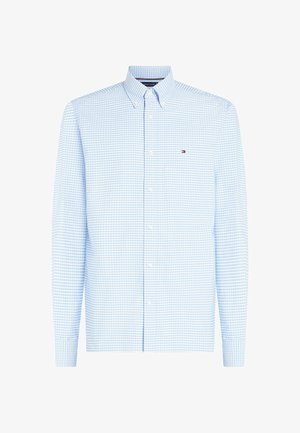 Chemise en vichy bleu clair, manches longues, col boutonné, logo sur la poitrine, en coton, coupe régulière, motif à petits carreaux subtil.