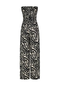 Black and beige strapless jumpsuit featuring a zebra stripe pattern, a smocked bodice, and wide-leg trousers. Casual, soft texture.