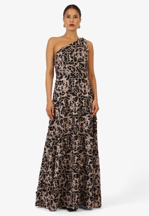 Abito nero con motivo floreale in sfumature di rosa, caratterizzato da un design a spalla unica e tessuto fluido. Silhouette elegante e aderente.
