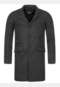 Abrigo de mezcla de lana gris oscuro con cuello de muesca, tres botones y dos bolsillos delanteros. Tejido texturizado con un patrón sutil.