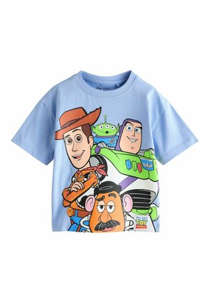 Hellblaues Kinder-T-Shirt mit Disney Pixar Toy Story Figuren Woody, Buzz Lightyear, Alien und Mr. Potato Head.