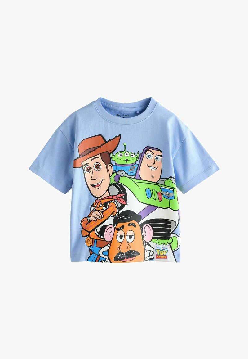 T-shirt bleu clair pour enfant mettant en scène les personnages de Disney Pixar Toy Story : Woody, Buzz l'Éclair, l'Alien et Monsieur Patate.