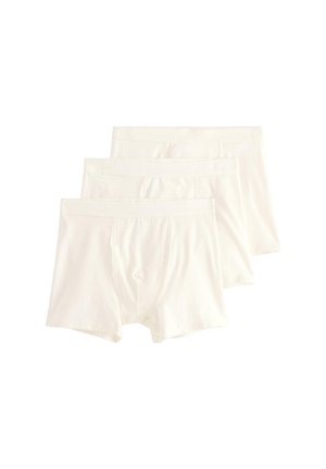 Tre par hvide boxer shorts lavet af blødt bomuldsstof. Hver boksershorts har en glat talje og en standard pasform uden synlige mønstre.
