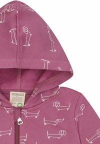 Felpa viola con stampe di bassotti bianchi, realizzata in cotone biologico, con zip e cappuccio foderato.
