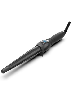 Black electric hair curling wand with tapered barrel, digital temperature display, and attached power cord on white background.