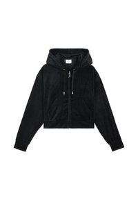 Gekürzter schwarzer Hoodie aus weichem Stoff, mit einem durchgehenden Reißverschluss, Kordelzug, Fronttaschen und verzierten Details an den Ärmeln.