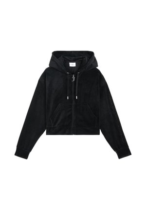 Gekürzter schwarzer Hoodie aus weichem Stoff, mit einem durchgehenden Reißverschluss, Kordelzug, Fronttaschen und verzierten Details an den Ärmeln.