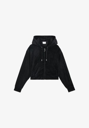 Korte zwarte hoodie van zachte stof, met een rits aan de voorkant, een trekkoord, voorzakken en versieringen langs de mouwen.