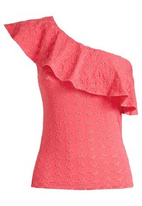 Haut corail rose à une épaule avec une manche à volant, présentant une broderie florale texturée sur toute la surface, silhouette ajustée.