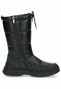 Las botas aislantes negras presentan un diseño acolchado, textura suave, cremallera lateral, parte superior ajustable y una suela de goma duradera con un dibujo pattern.