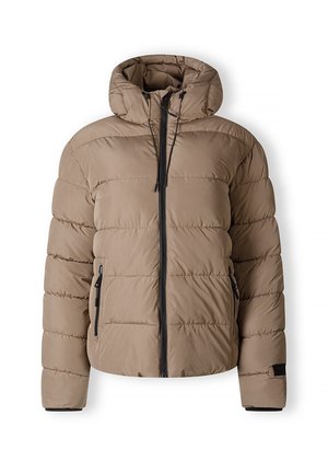 Beige puffer jacket with a hood, featuring vertical quilted design, zip front, and side pockets. Smooth texture with adjustable drawstrings.