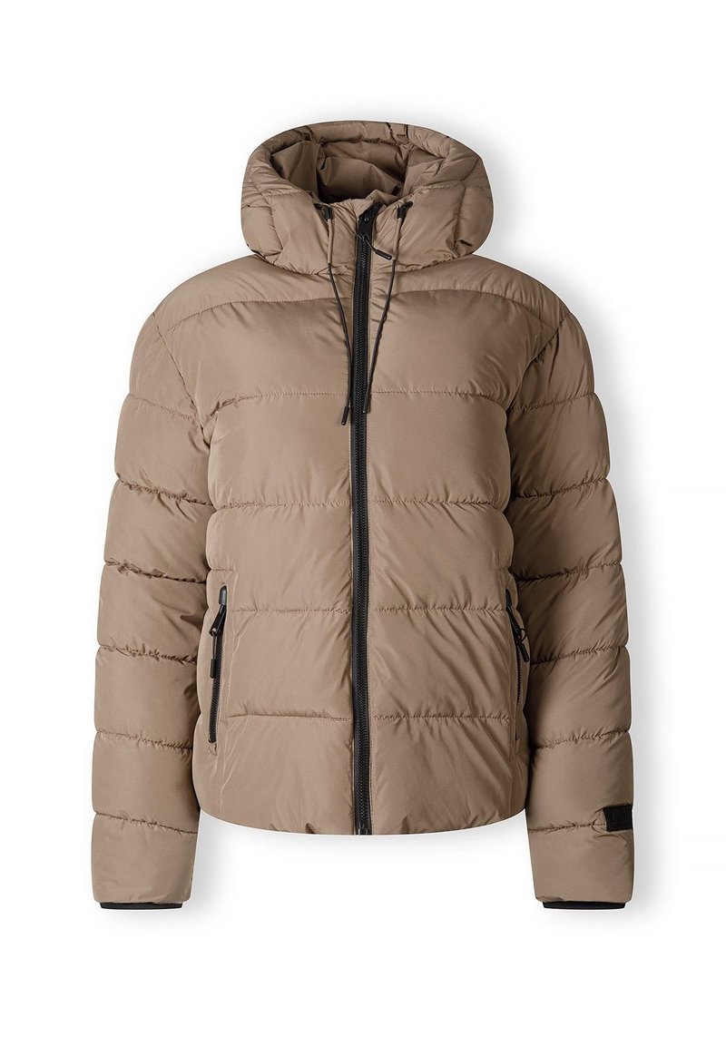Beige Steppjacke mit Kapuze, ausgestattet mit einem Front-Reißverschluss, zwei Seitentaschen und elastischen Bündchen. Glatte Textur mit horizontalen Nähten.