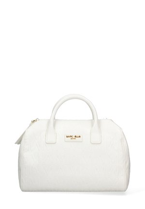 Borsa bianca realizzata in materiale testurizzato, con placchetta del logo dorata, doppi manici e forma tondeggiante con chiusura a zip.