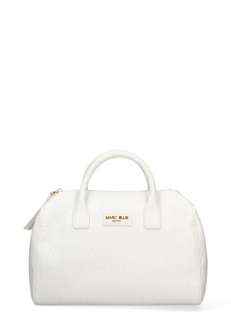 Borsa bianca realizzata in materiale testurizzato, con placchetta del logo dorata, doppi manici e forma tondeggiante con chiusura a zip.