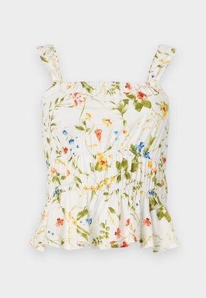 Top com estampado floral em fundo branco. Apresenta bainha em babados, alças de ombro ajustáveis e corpete franzido para um design ajustado.