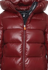 Giacca a vento bordeaux con finitura lucida, cappuccio, chiusura con zip e etichetta interna con marchio. Presenta sezioni trapuntate per l'isolamento.