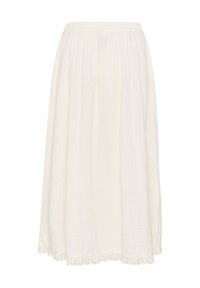 Jupe midi blanche en tissu léger, avec un fini texturé et un ourlet en dentelle. Taille élastique pour le confort.