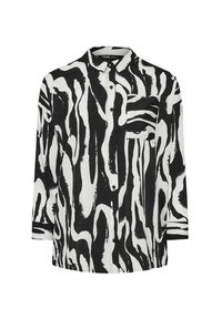 Black and white long-sleeve shirt featuring an abstract pattern, collared design, front buttons, and a chest pocket. Soft fabric texture.