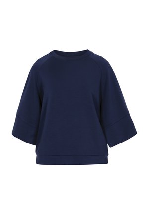 Marineblauwe sweatshirt met korte mouwen, een ronde hals, een losse pasvorm en een zachte, gestructureerde stof. Heeft een iets verlaagde schouderontwerp.