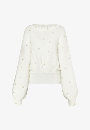 Valge sokitud jumper pluus puffvarrukatega, kaunistatud väikeste pärlitega, ribakujuline hem ja ümmargune kaelus. Tekstuuriga pehme materjal.